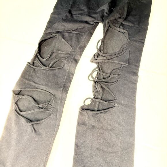 Shredded Black Ripped Leggings – Grunge Street Style Festival Pants OS - Picture 4 of 7